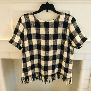 Cream and black buffalo check shirt with fringe